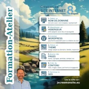 Infographie en français illustrant les 8 étapes clés pour créer un site Internet professionnel avec WordPress et Elementor : choix du nom de domaine, hébergement, installation, design, contenu, SEO, test et publication.