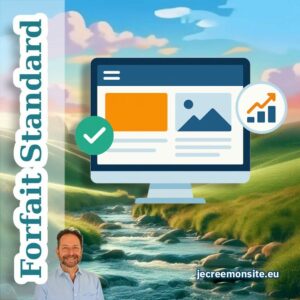 Illustration d’un site vitrine amélioré affiché sur écran, avec design responsive, éléments SEO et icônes de performance.
