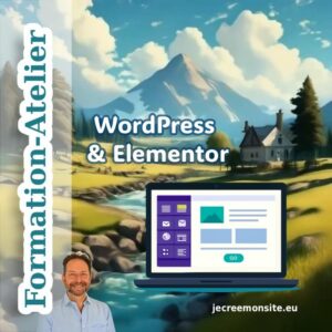 Infographie en français illustrant les 8 étapes clés pour créer un site Internet professionnel avec WordPress et Elementor : choix du nom de domaine, hébergement, installation, design, contenu, SEO, test et publication.