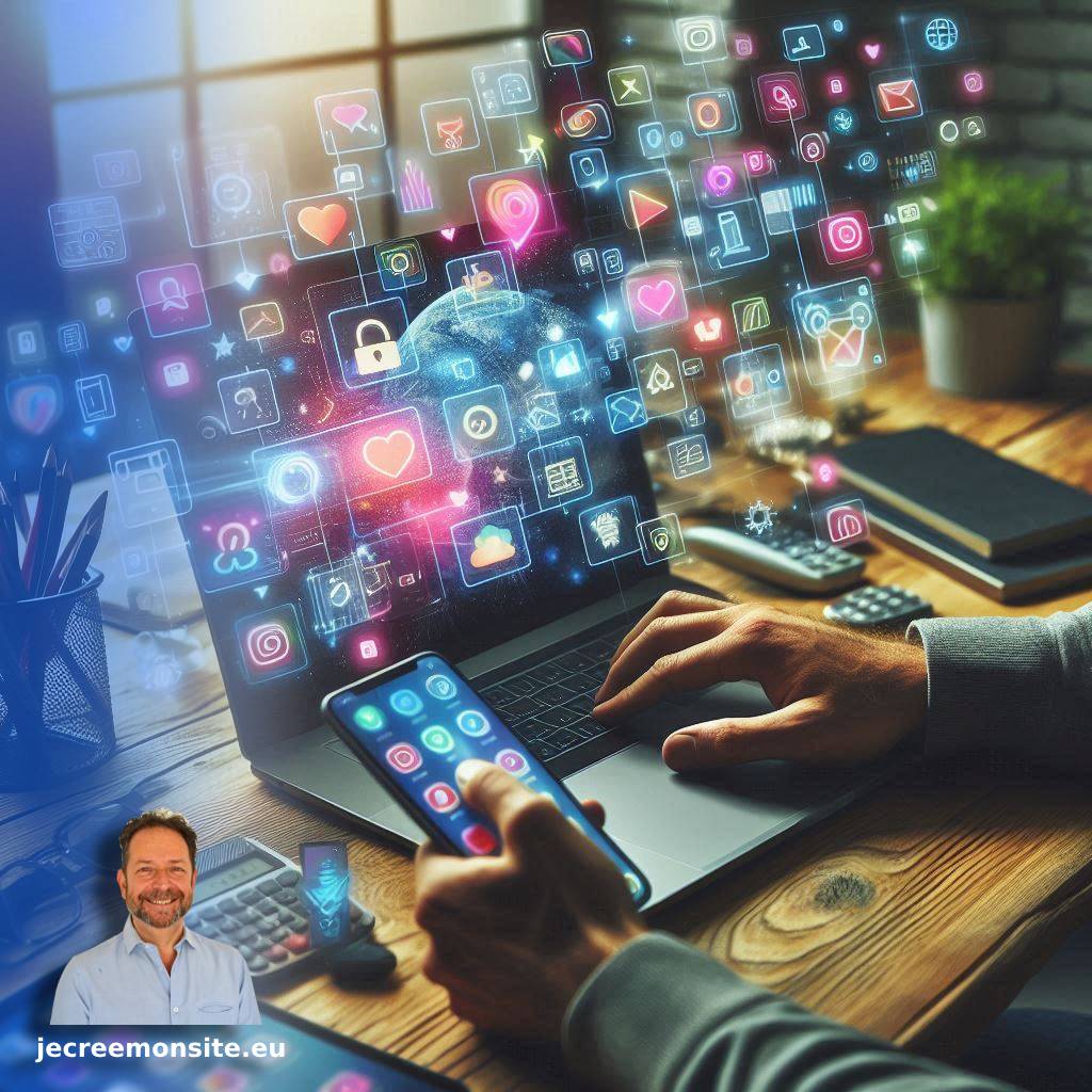 Création de site web et services digitaux – Ordinateur portable et smartphone avec icônes d’applications, symbolisant la connectivité mondiale et la présence en ligne.
