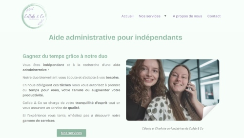 Capture d’écran du site Collab & Co avec navigation, titre, sous-titre et photo des fondatrices, service d’assistance administrative pour freelances