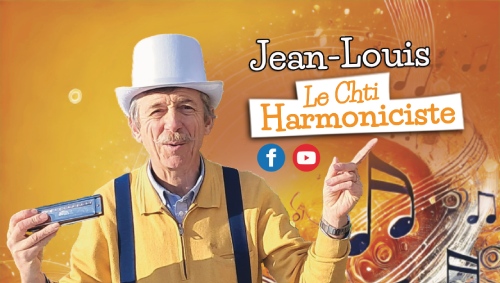Visuel de Jean-Louis, Le Chti Harmoniciste, utilisé sur son site web ou ses réseaux sociaux, avec design musical et identité visuelle marquée