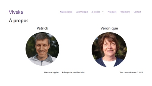 Portraits de Patrick et Véronique sur le site viveka.bio, conçu par jecréemonsite.eu pour incarner leur approche holistique et humaine